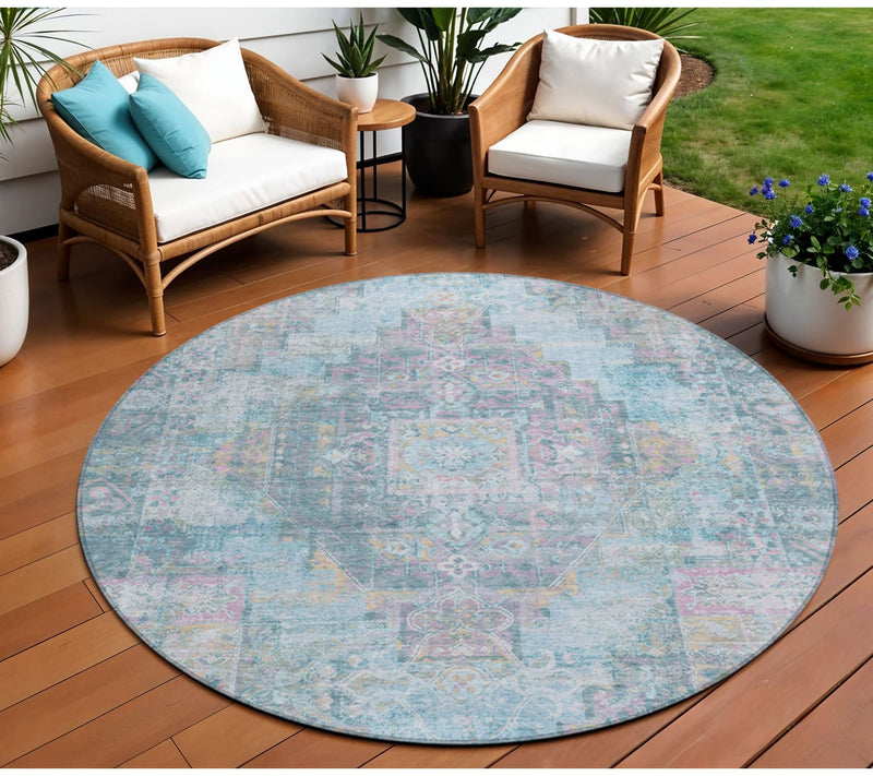HomeRoots 8' Blue And Pink Round Washable Outdoor Rug — View 2