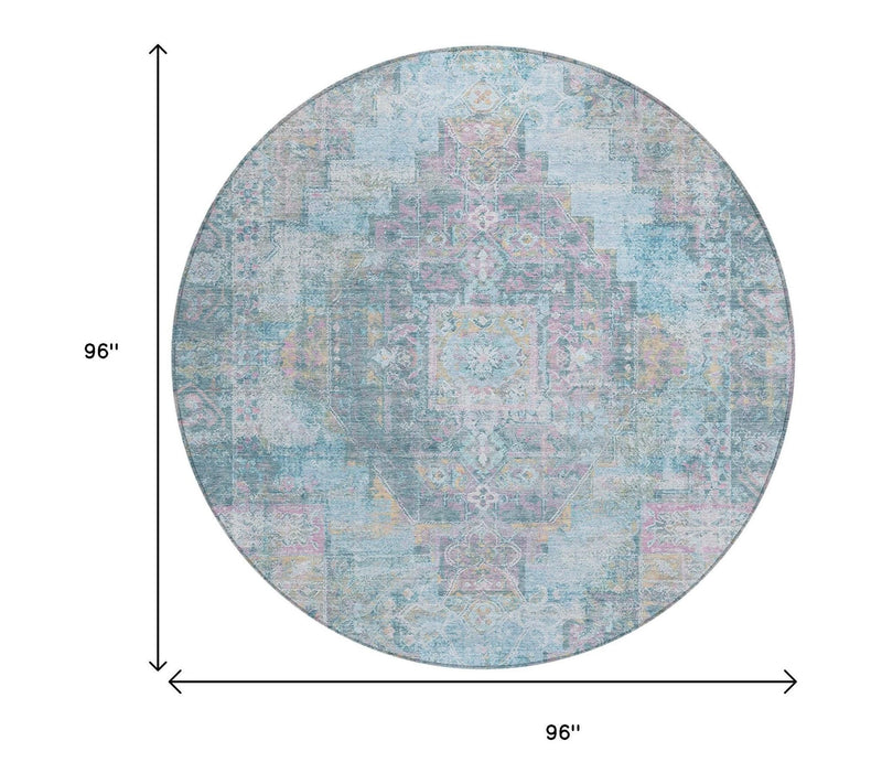 HomeRoots 8' Blue And Pink Round Washable Outdoor Rug — View 4