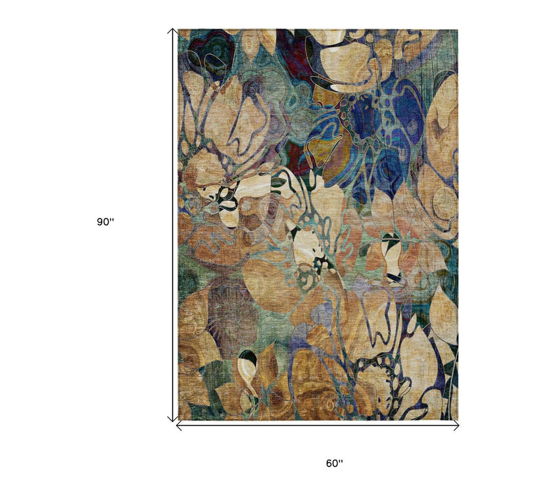 HomeRoots 5' X 8' Beige and Blue Abstract Washable Outdoor Rug — View 7