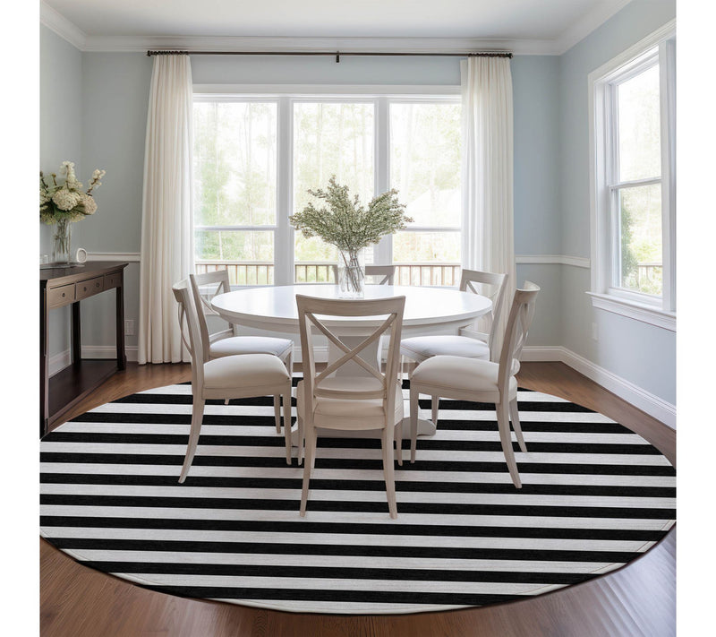 HomeRoots 8' Round Black and White Round Striped Washable Rug — View 2