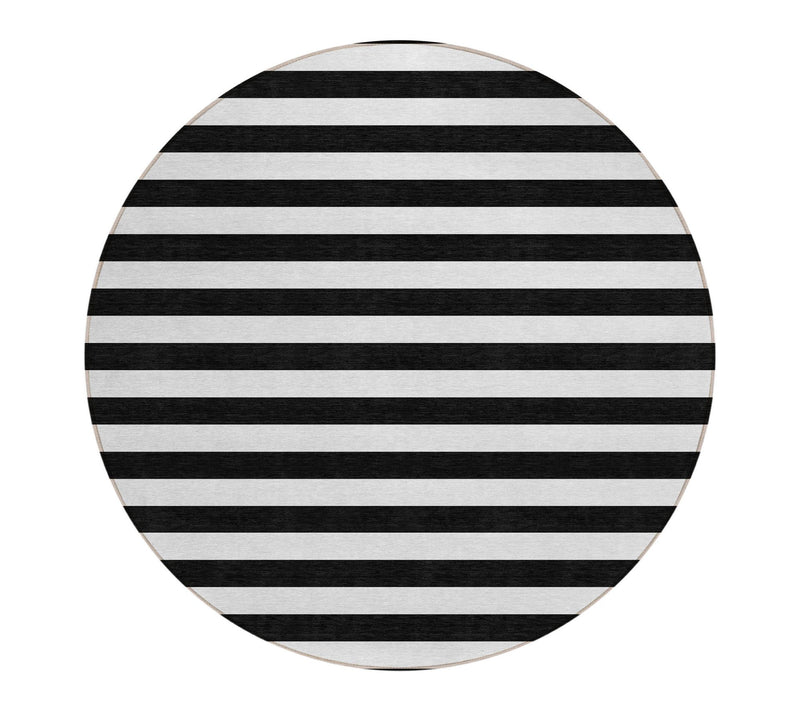 HomeRoots 8' Round Black and White Round Striped Washable Rug — Main view