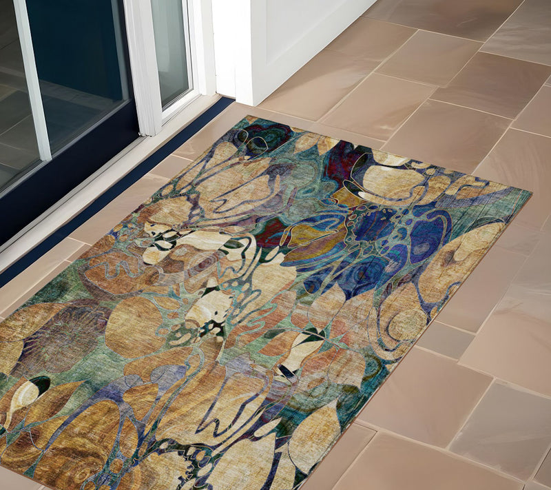 HomeRoots 3' X 5' Beige and Blue Abstract Washable Outdoor Rug — View 2