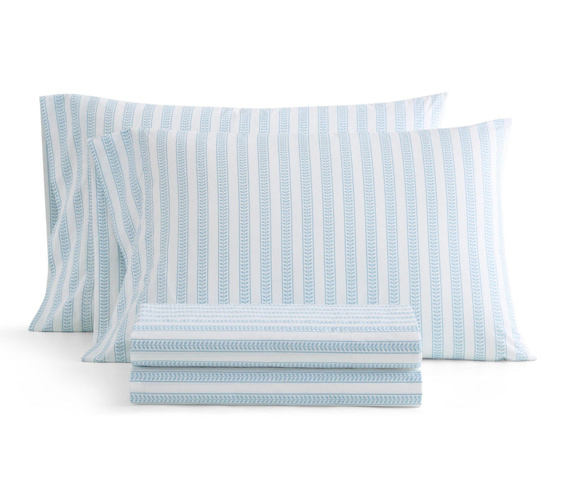 Martha Stewart Leaf Stripe White/Blue Cotton Full Sheet Set — View 10