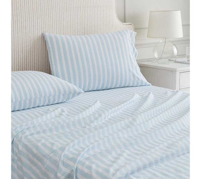 Martha Stewart Leaf Stripe White/Blue Cotton Full Sheet Set — View 3