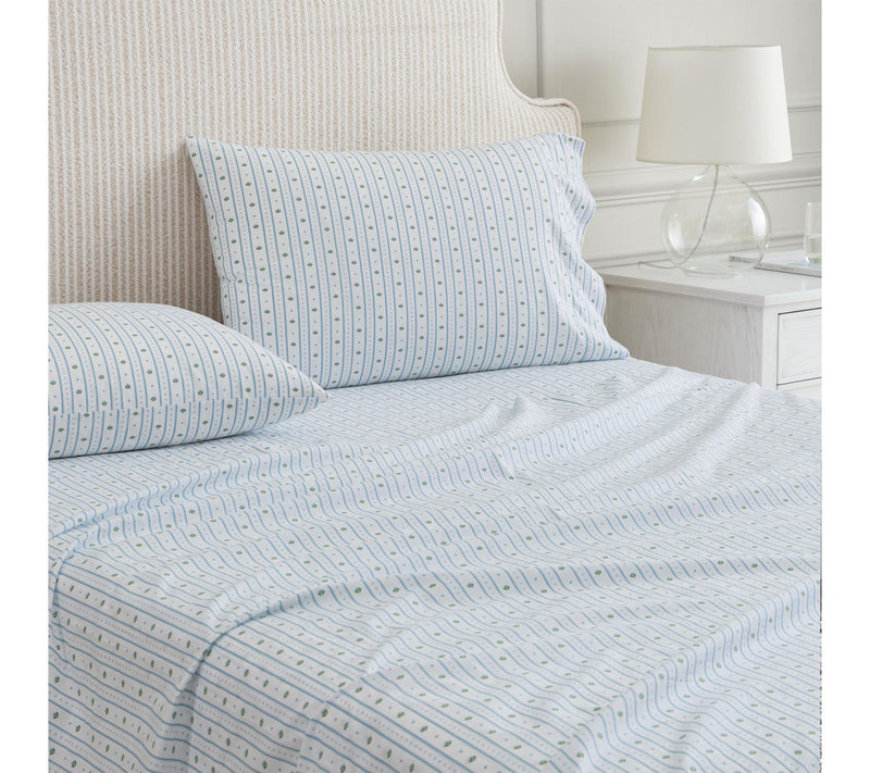 Martha Stewart Floral Stripe White/Blue CottonQueen Sheet Set — View 3