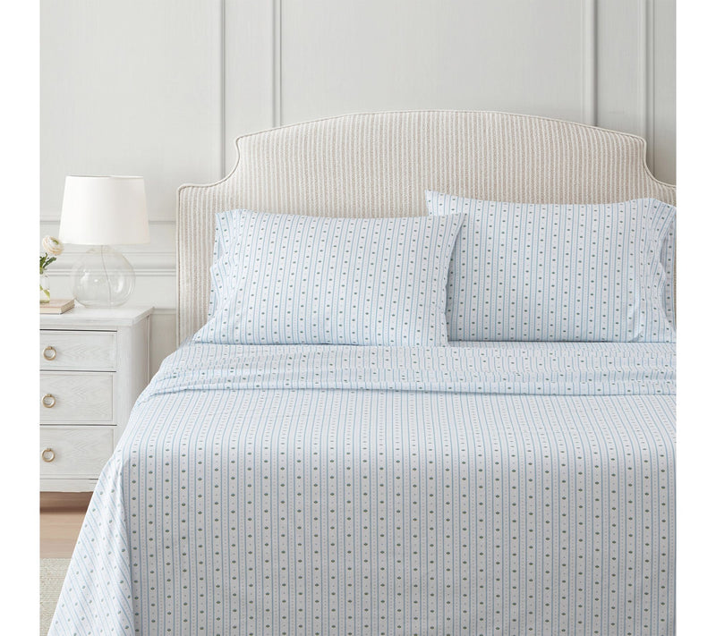 Martha Stewart Floral Stripe White/Blue CottonQueen Sheet Set — View 2