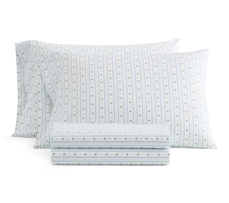 Martha Stewart Floral Stripe White/Blue CottonQueen Sheet Set — Main view