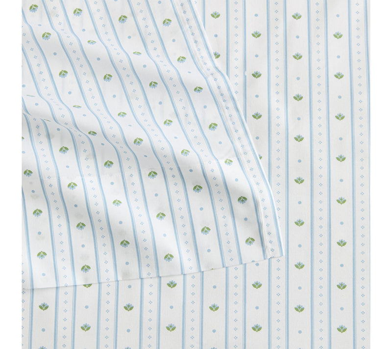 Martha Stewart Floral Stripe White/Blue CottonFull Sheet Set — View 4