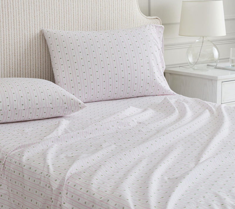Martha Stewart Floral Stripe White/Pink CottonQueen Sheet Set — View 3
