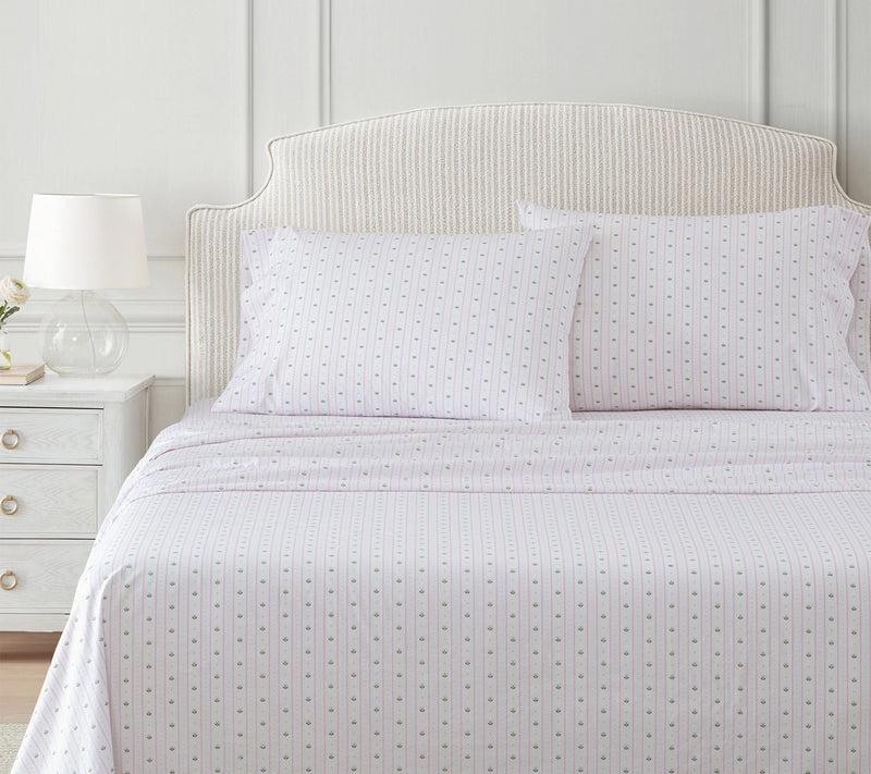 Martha Stewart Floral Stripe White/Pink CottonQueen Sheet Set — View 2