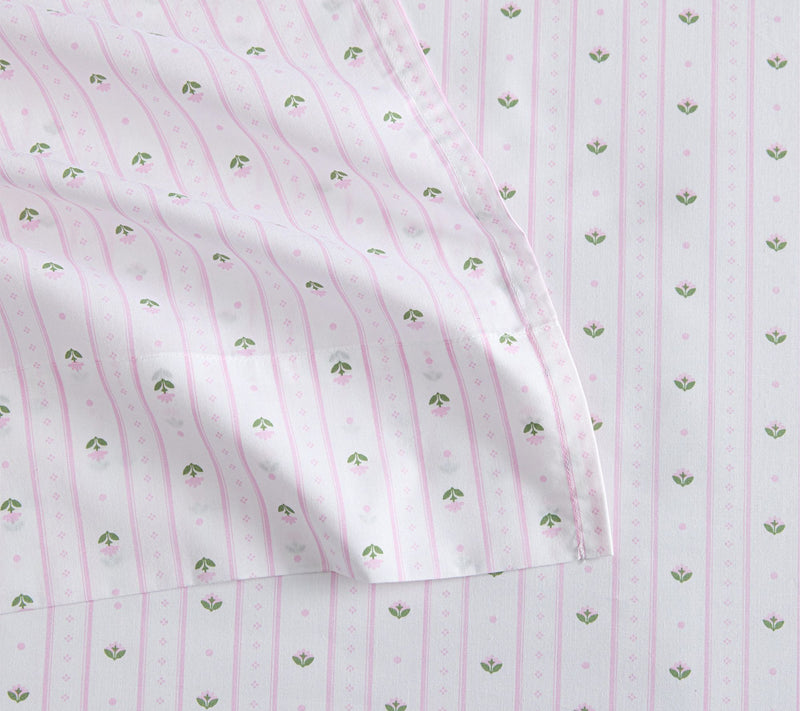 Martha Stewart Floral Stripe White/Pink CottonQueen Sheet Set — View 4