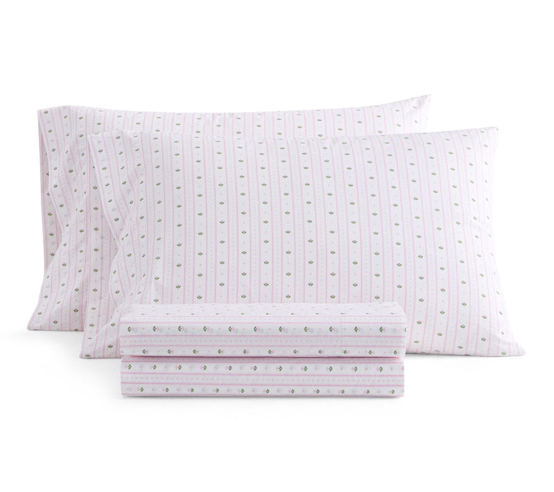 Martha Stewart Floral Stripe White/Pink CottonQueen Sheet Set — Main view
