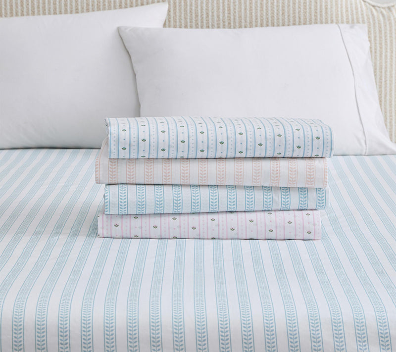 Martha Stewart Floral Stripe White/Pink CottonTwin Sheet Set — View 7