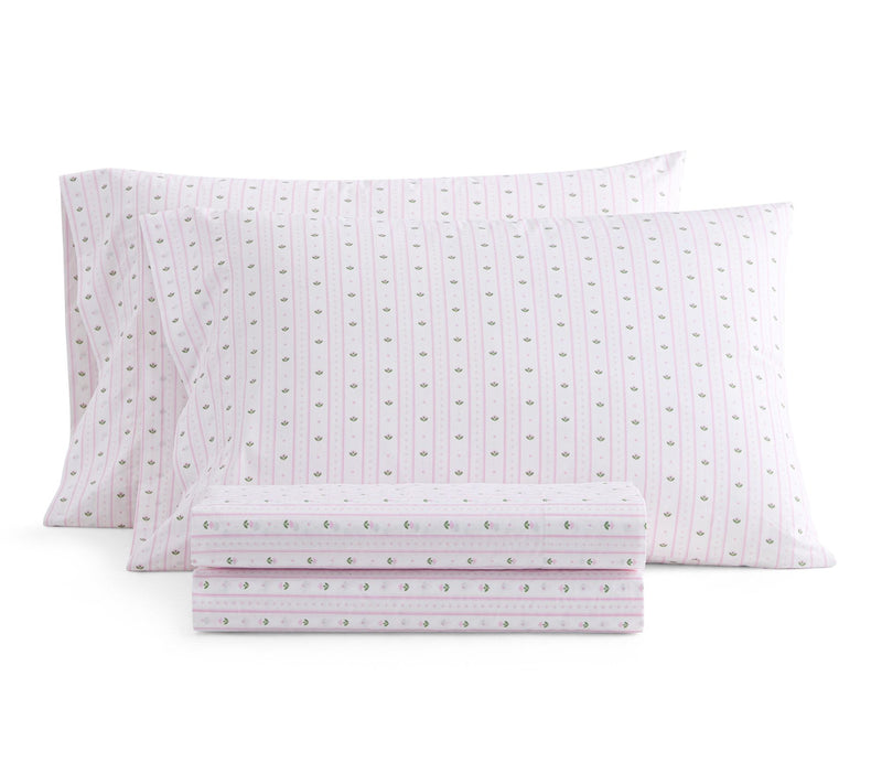Martha Stewart Floral Stripe White/Pink CottonTwin Sheet Set — Main view