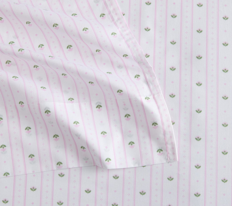 Martha Stewart Floral Stripe White/Pink CottonFull Sheet Set — View 4
