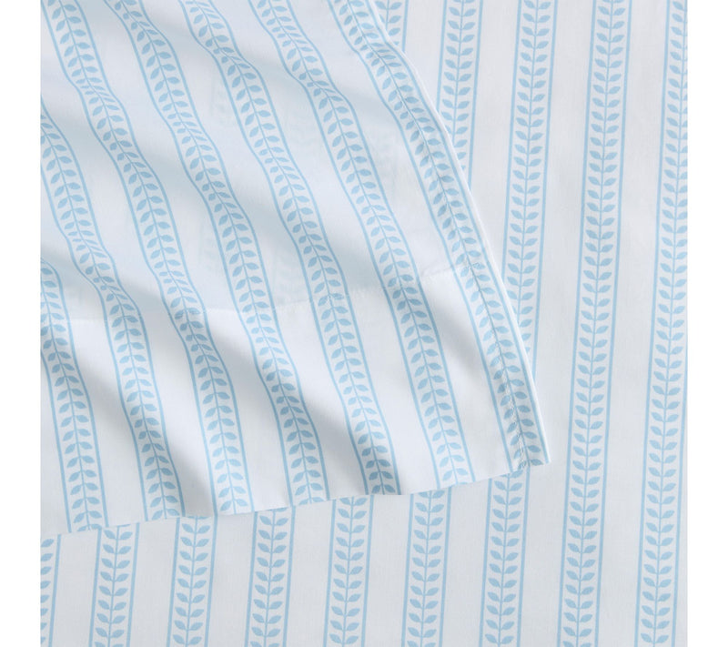Martha Stewart Leaf Stripe White/Blue Cotton Queen Sheet Set — View 4