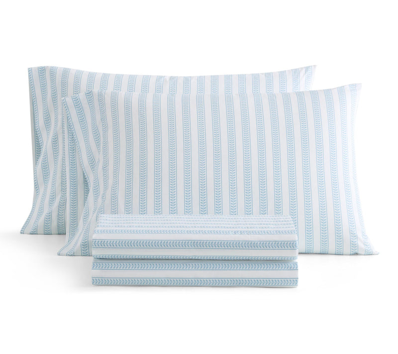 Martha Stewart Leaf Stripe White/Blue Cotton King Sheet Set — View 10