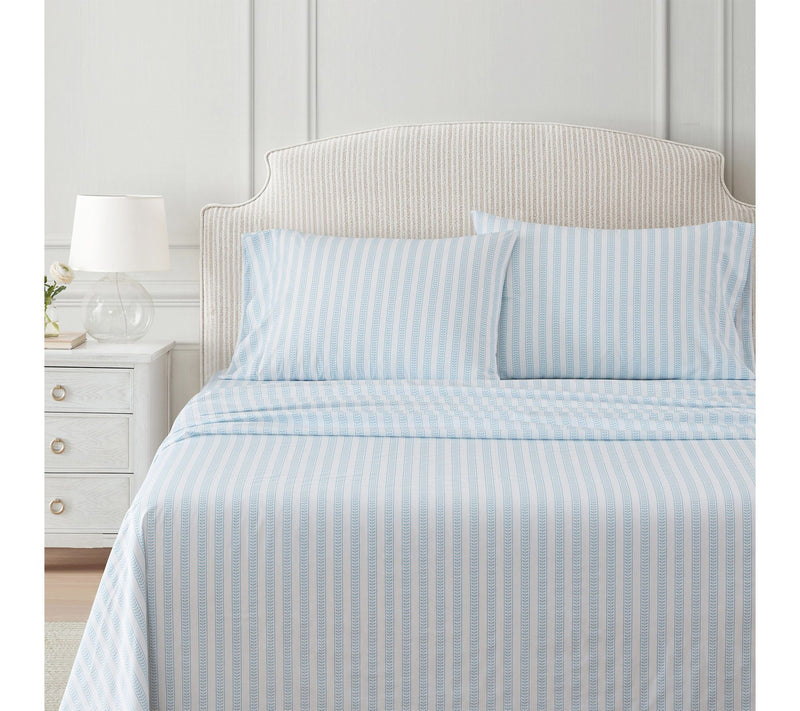 Martha Stewart Leaf Stripe White/Blue Cotton King Sheet Set — View 2