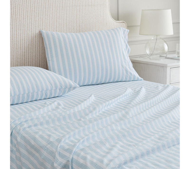 Martha Stewart Leaf Stripe White/Blue Cotton King Sheet Set — View 3
