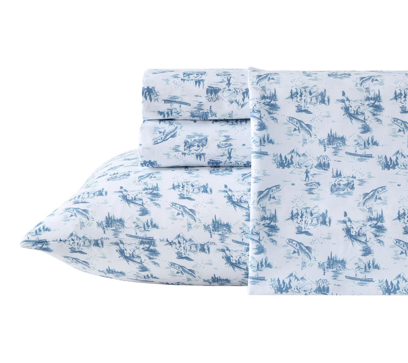 Eddie Bauer Fish Town Toile Whte/Blue Queen Sheet Set — Main view