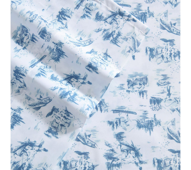 Eddie Bauer Fis h Town Toile Wh ite/Blue Microf br King Sheet S — View 3