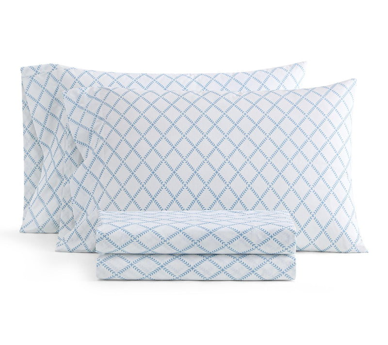 Martha Stewart Leaf Trellis White/Blue Cotton Queen Sheet Set — View 10