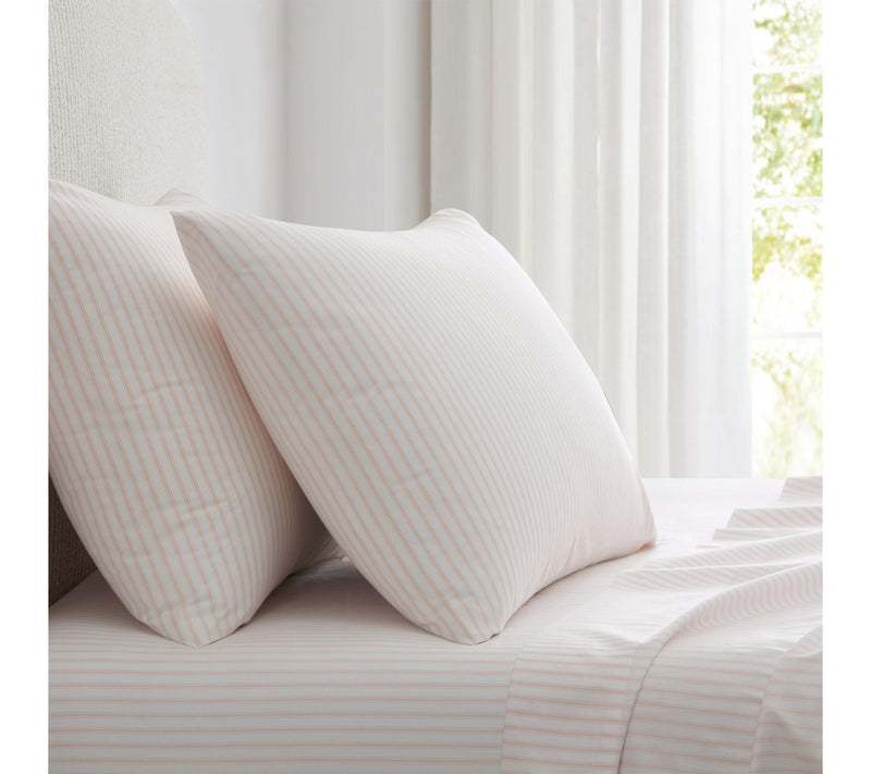 Martha Stewart Ticking Stripe White/Pnk CottonQueen Sheet Set — View 8