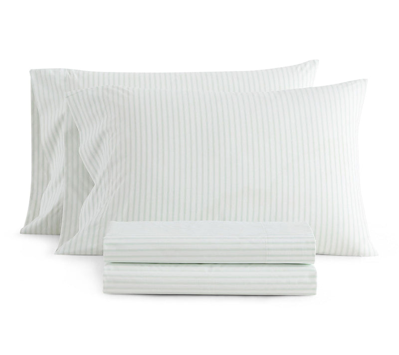 Martha Stewart Ticking Stripe Wht/Green CottonQueen Sheet Set — View 10