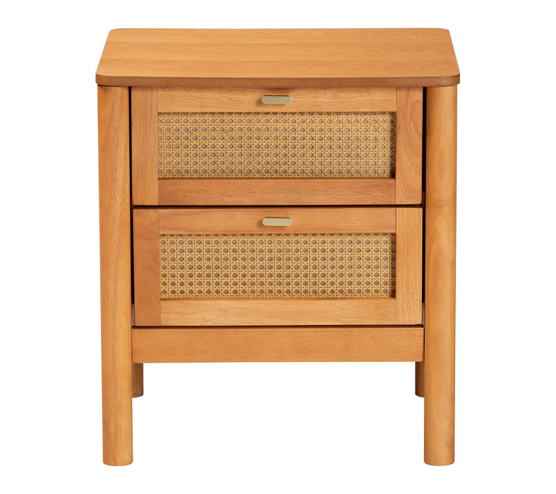 Baxton Studio J enn Golden Brow n Wood Nightsta nd with Rattan — View 3