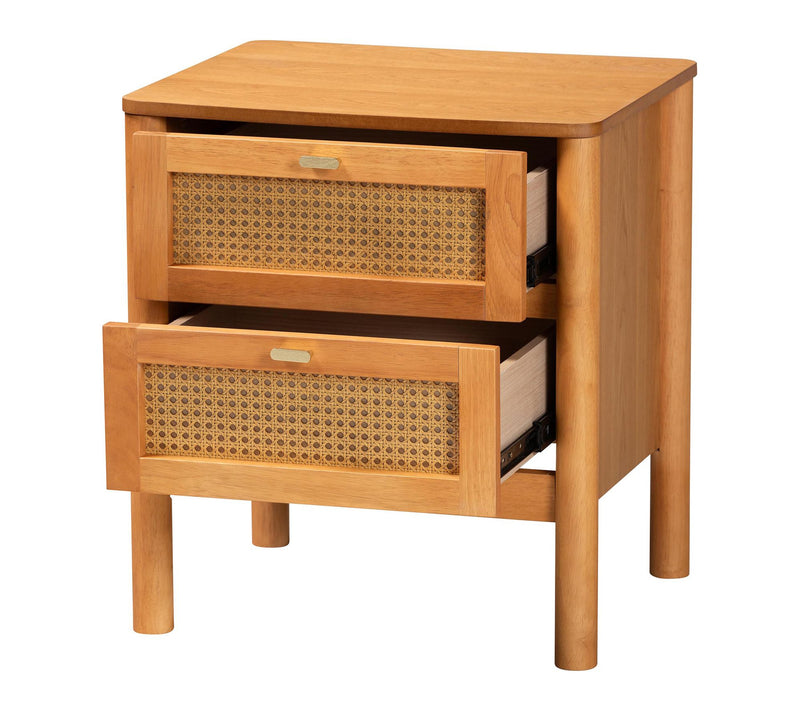 Baxton Studio J enn Golden Brow n Wood Nightsta nd with Rattan — View 2