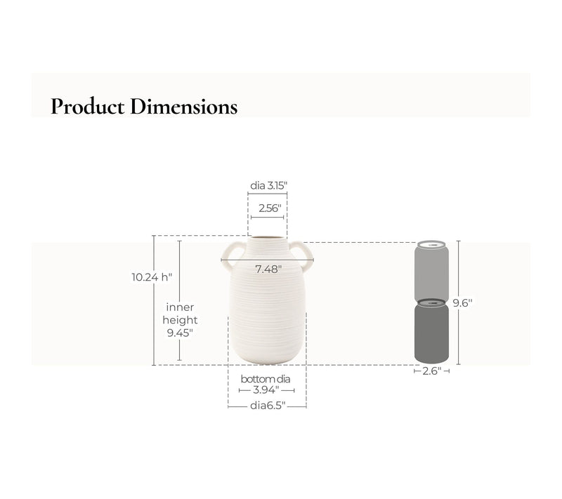 LuxenHome White Ceramic Jug 10.2" Tall Round Vase w/ Handles — View 3