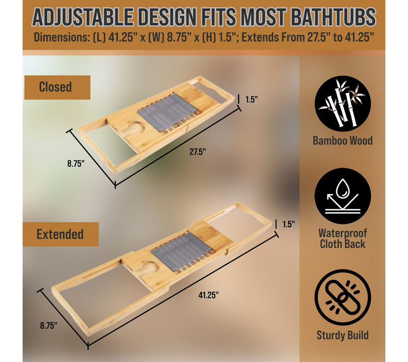 Home-Complete Bamboo Bathtub Tray Wood Caddy Extended Sides — View 8