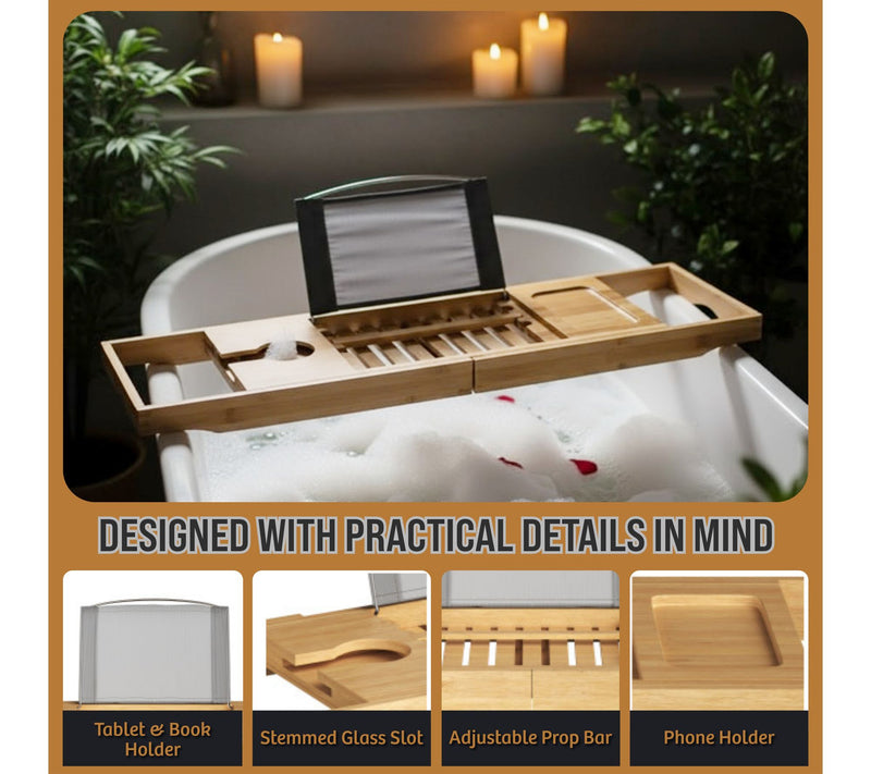 Home-Complete Bamboo Bathtub Tray Wood Caddy Extended Sides — View 5