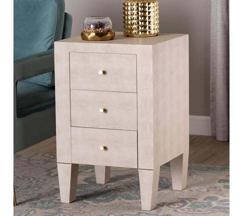 Baxton Studio Leyna Beige Faux Shagreen 3-Drawer End Table — View 7