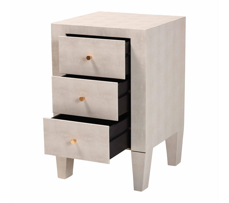 Baxton Studio Leyna Beige Faux Shagreen 3-Drawer End Table — View 2