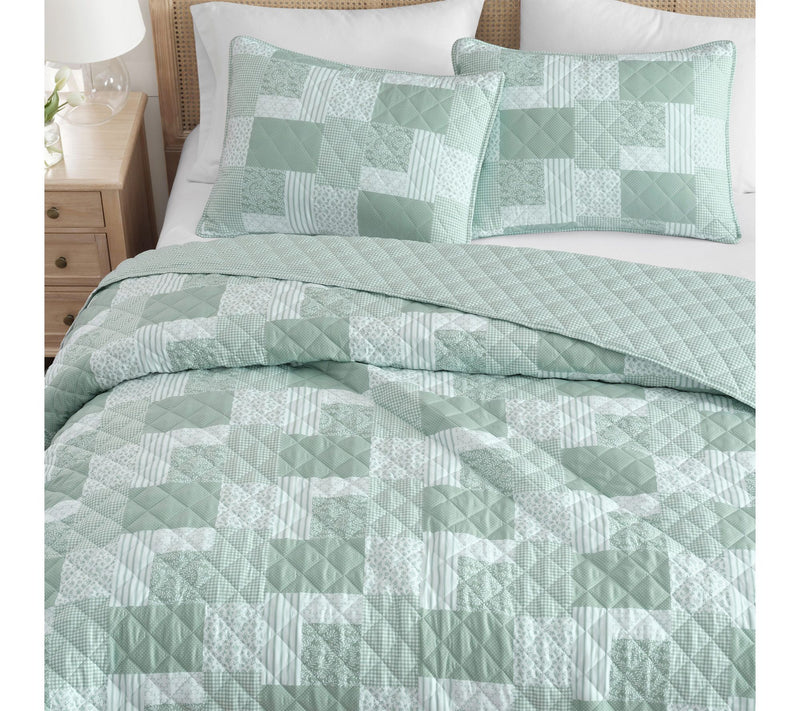 Martha Everyday Piper Patchwork Reversible Green TW Quilt Set — View 3