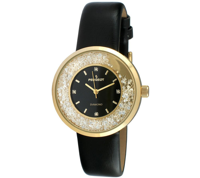 Peugeot Women's Goldtone Diamond Marker Black Leather Watch — Main view