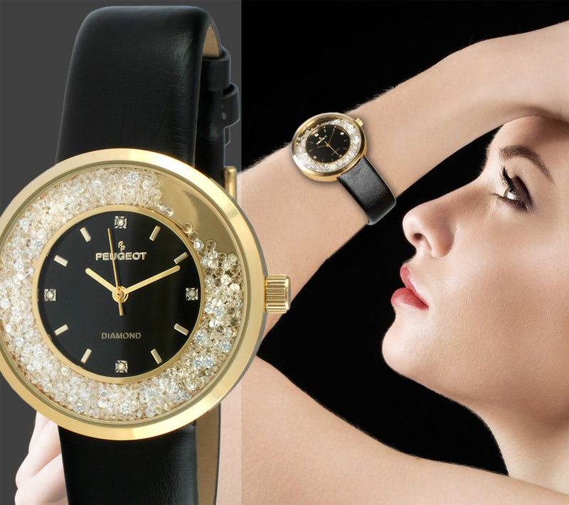 Peugeot Women's Goldtone Diamond Marker Black Leather Watch — View 4