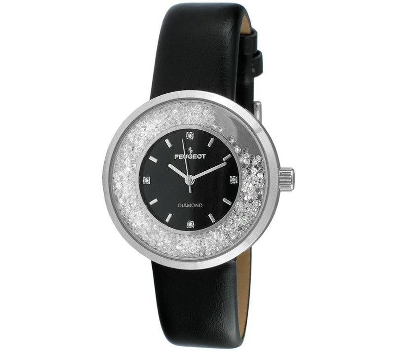 Peugeot Women's Silvertone Diamond Marker BlackLeather Watch — Main view