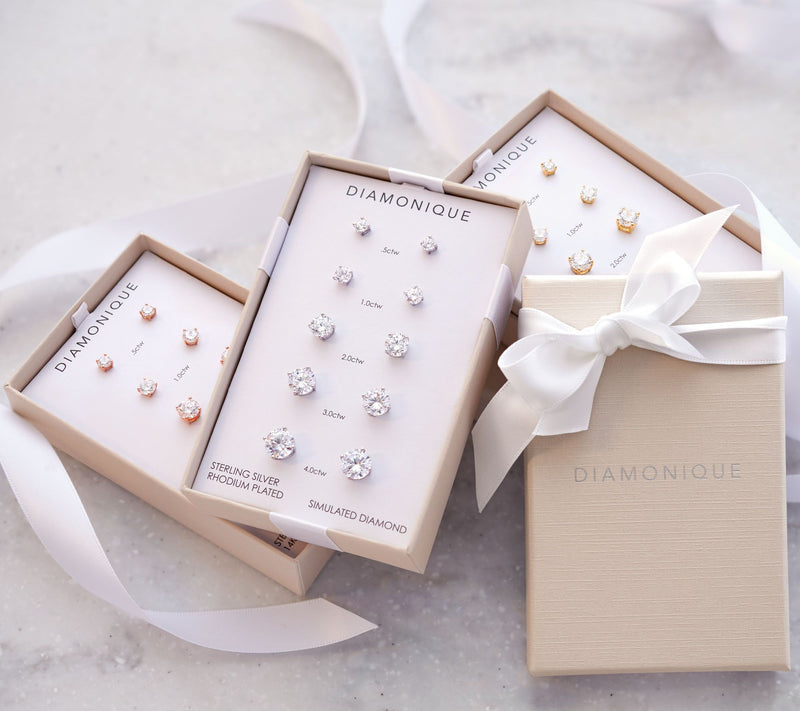 Diamonique Set of 5 Stud Earrings, Sterling or 14K Plated, Boxed — View 11