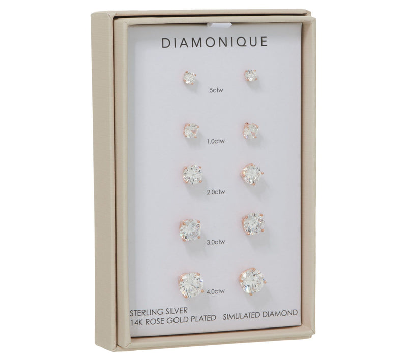 Diamonique Set of 5 Stud Earrings, Sterling or 14K Plated, Boxed — View 3