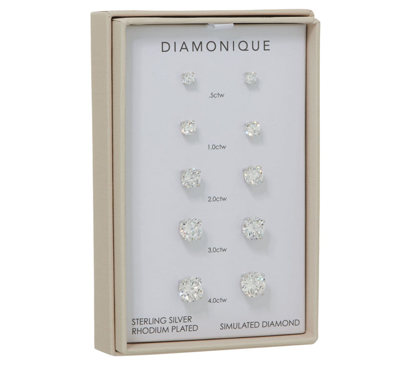 Diamonique Set of 5 Stud Earrings, Sterling or 14K Plated, Boxed — Main view