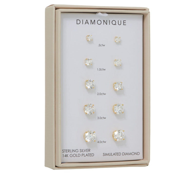 Diamonique Set of 5 Stud Earrings, Sterling or 14K Plated, Boxed — View 7