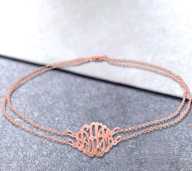 14K Rose Gold Plated Sterling Monogram Ankle Br acelet — View 4