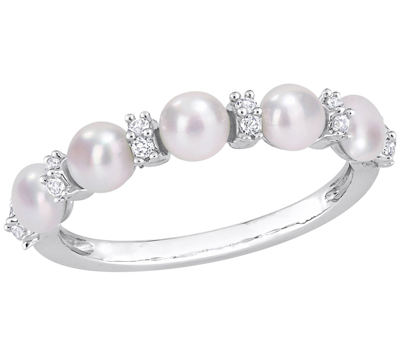 Sterling Cultured Pearl & 0.10 cttw White TopazRing — View 3