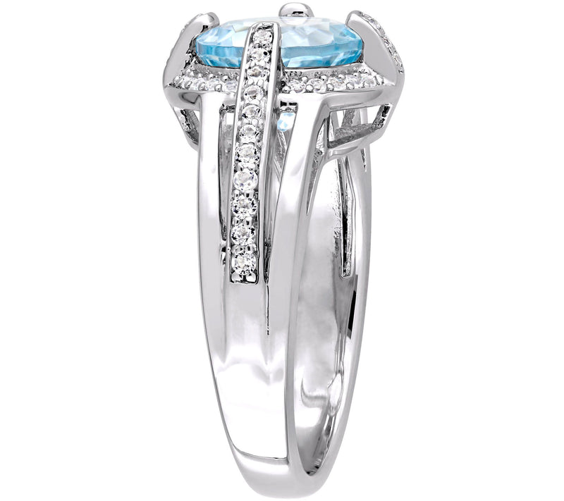 3.70 cttw Blue Topaz & White Sapphire Halo Ring, Sterling Silver — View 2