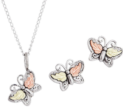 Black Hills Butterfly Pendant & Earrings Set St erling/12K Gol