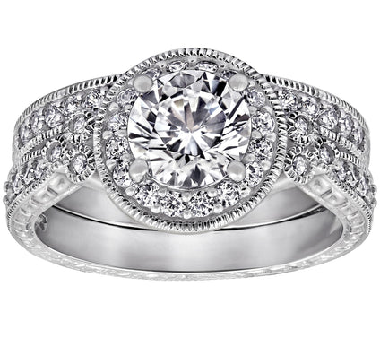 Diamonique 2.10 cttw Round Halo Ring Set, Platinum Plated