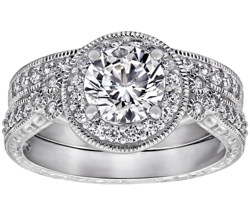 Diamonique 2.10 cttw Round Halo Ring Set, Platinum Plated — Main view