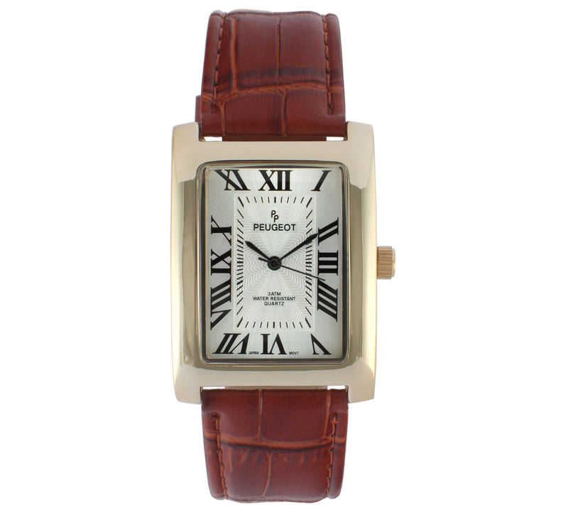 Peugeot Men's 14K-Plated Stainless RectangularLeather Watch — View 5